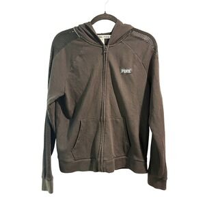 PINK Victoria's Secret Black Mesh Sequin‎ Logo Full Zip Hoodie Medium